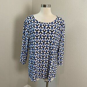 JM Collection Womens Plus XXL Blue White Geometric Tunic Top Stretch Shirt